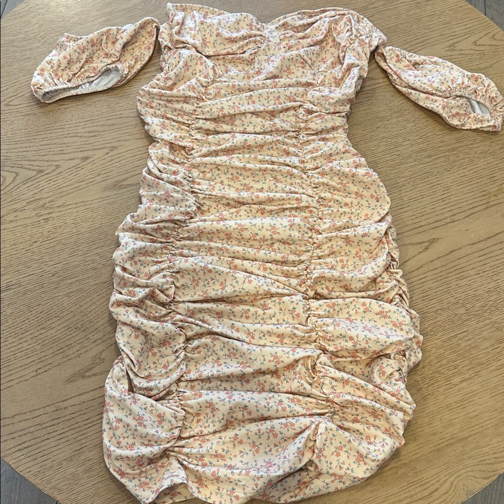 Floral Ruched Off-Shoulder Bodycon Dress - yellow/Pink floral size medium/6
